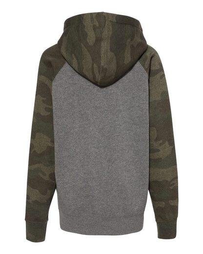 Independent Trading Co. Youth Lightweight Special Blend Raglan Hooded Sweatshirt PRM15YSB #color_Nickel Heather/ Forest Camo