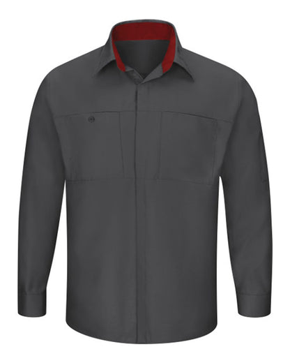Red Kap Men's Performance Plus Long Sleeve Shirt with OilBlok Technology SY32 #color_Charcoal/ Fireball Red
