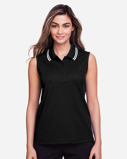 Devon & Jones Women's CrownLux Performance® Plaited Tipped Sleeveless Polo DG20SW #colormdl_Black/ White