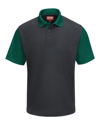 Red Kap Men's Performance Knit Color-Block Polo SK56 #color_Charcoal/ Hunter Green