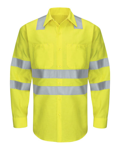 Red Kap Men's Tall Enhanced & Hi-Visibility Long Sleeve Work Shirt SY14T #color_AB-Fluorescent Yellow/ Green