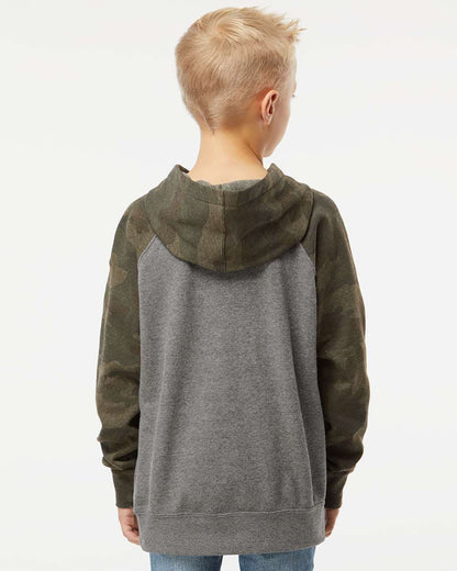 Independent Trading Co. Youth Lightweight Special Blend Raglan Hooded Sweatshirt PRM15YSB #colormdl_Nickel Heather/ Forest Camo