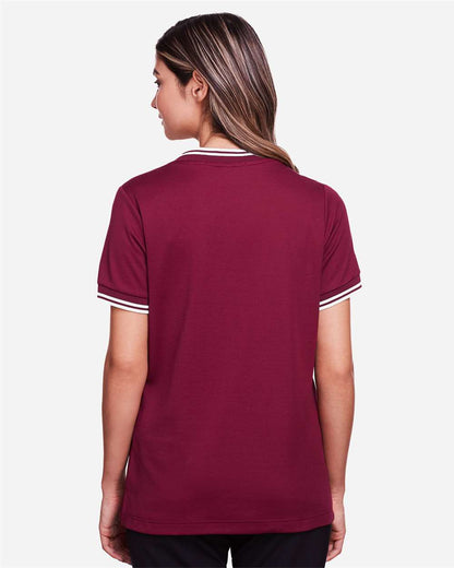 Devon & Jones Women's CrownLux Performance® Plaited Tipped V-Neck Shirt DG20CW #colormdl_Burgundy/ White