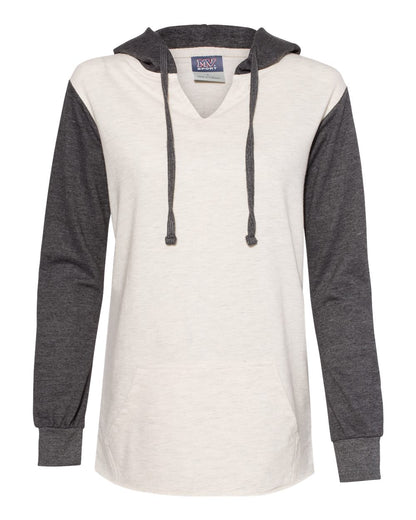 MV Sport Women’s French Terry Hooded Pullover with Colorblocked Sleeves W20145 #color_Charcoal/ Oatmeal