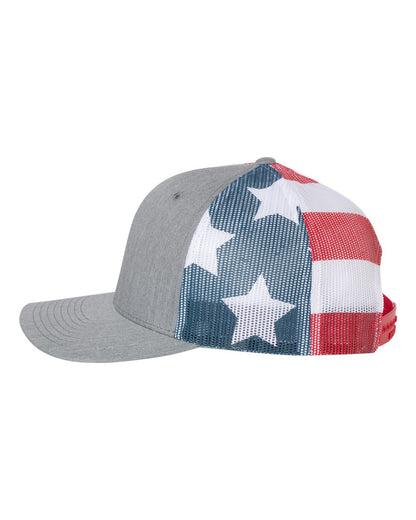 Richardson Printed Mesh Trucker Cap 112PM #color_Heather Grey/ Stars &amp; Stripes