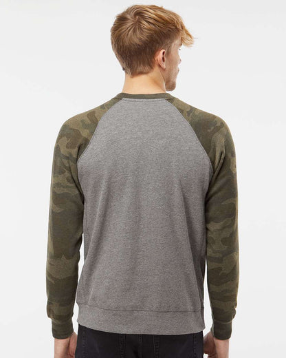Independent Trading Co. Unisex Special Blend Raglan Crewneck Sweatshirt PRM30SBC #colormdl_Nickel Heather/ Forest Camo