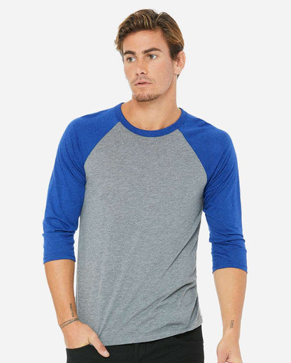 BELLA + CANVAS Unisex Three-Quarter Sleeve Baseball Tee 3200 #colormdl_Grey/ True Royal Triblend