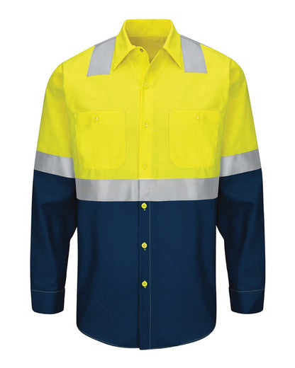 Red Kap Men's Tall Enhanced & Hi-Visibility Long Sleeve Work Shirt SY14T #color_Fluorescent Yellow/ Green/ Navy