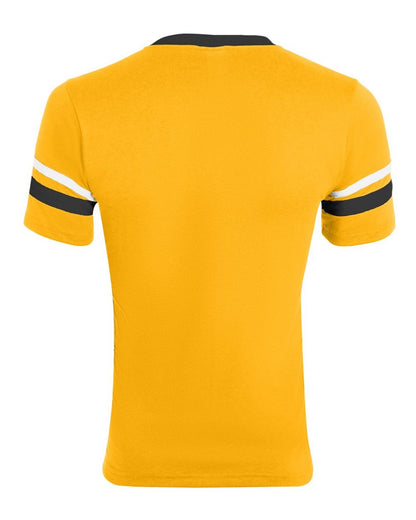 Augusta Sportswear V-Neck Jersey with Striped Sleeves 360 #color_Gold/ Black/ White