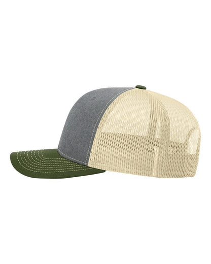 Richardson Snapback Trucker Cap 112 #color_Heather Grey/ Birch/ Army Olive