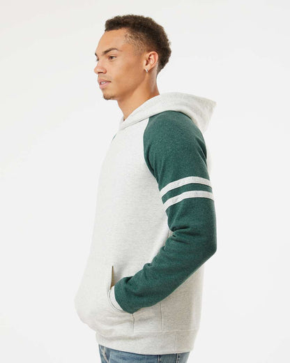 JERZEES Unisex Nublend® Varsity Colorblocked Raglan Hooded Sweatshirt 97CR #colormdl_Oatmeal Heather/ Forest Green Heather