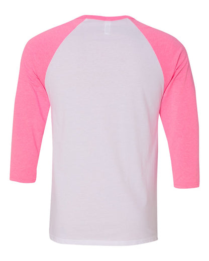 BELLA + CANVAS Three-Quarter Sleeve Baseball Tee 3200 #color_White/ Neon Pink