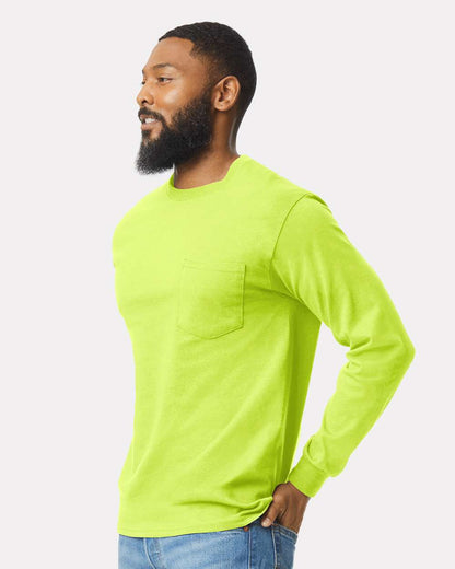 Gildan Unisex Ultra Cotton® Long Sleeve Pocket T-Shirt 2410 #colormdl_Safety Green