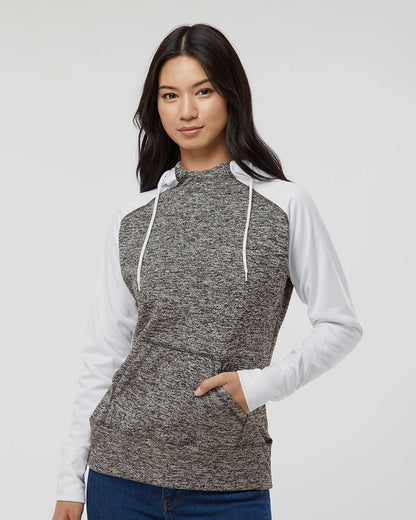 J. America Women’s Colorblocked Cosmic Fleece Hooded Sweatshirt 8618 #colormdl_Charcoal Fleck/ White