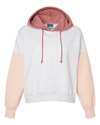 MV Sport Women's Sueded Fleece Colorblocked Crop Hooded Sweatshirt W23716 #color_Cameo Pink