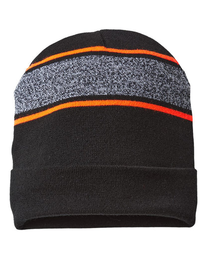 CAP AMERICA USA-Made Variegated Striped Cuffed Beanie RKV12 #color_Black/ Neon Blaze