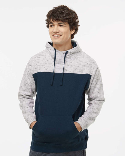 J. America Men's Mélange Fleece Colorblocked Hooded Sweatshirt 8676 #colormdl_Navy/ White