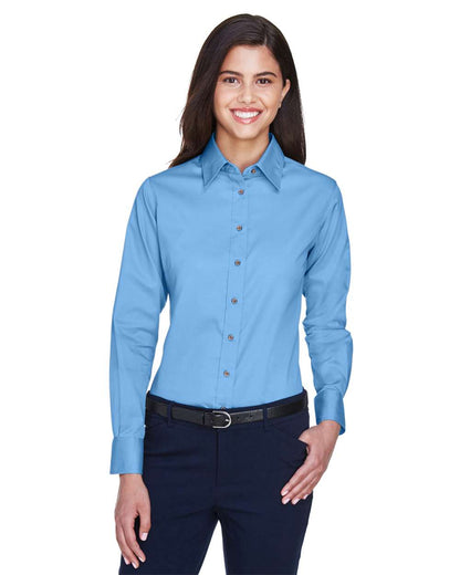 Harriton Women's Easy Blend™ Long Sleeve Twill Dress Shirt with Stain-Release M500W #colormdl_Light College Blue