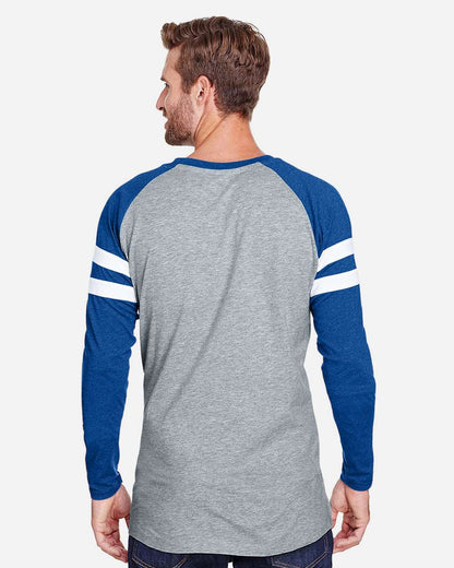 LAT Unisex Fine Jersey Mash Up Long Sleeve Tee 6934 #colormdl_Vintage Heather/ Vintage Royal