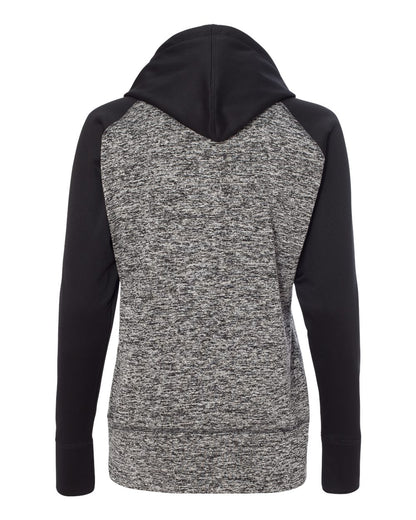 J. America Women’s Colorblocked Cosmic Fleece Hooded Sweatshirt 8618 #color_Charcoal Fleck/ Black
