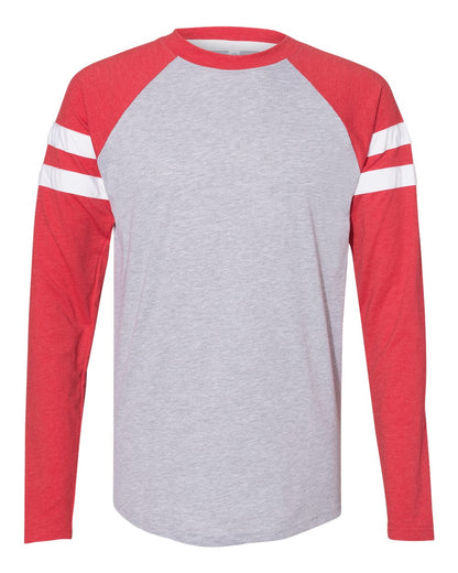 LAT Unisex Fine Jersey Mash Up Long Sleeve Tee 6934 #color_Vintage Heather/ Vintage Red