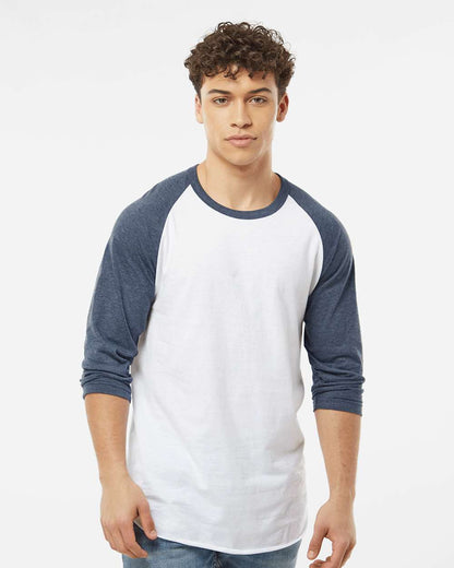 Tultex Unisex Fine Jersey Raglan T-Shirt 245 #colormdl_White/ Heather Denim