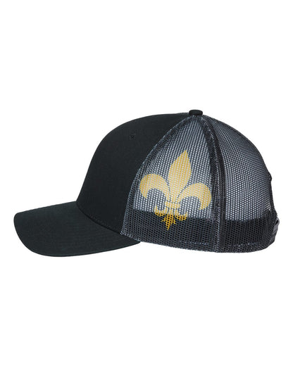 Kati Printed Mesh Trucker Cap S700M #color_Black/ Black/ Fleur De Lis