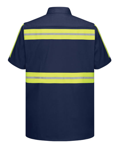 Red Kap Men's Enhanced Visibility Short Sleeve Cotton Work Shirt SC40E #color_Navy/ Yellow Trim