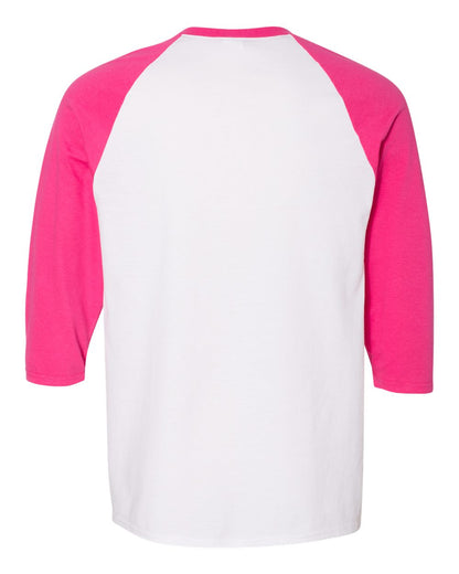 Gildan Unisex Heavy Cotton™ Raglan Three-Quarter Sleeve T-Shirt 5700 #color_White/ Heliconia