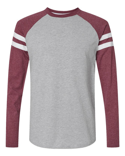 LAT Unisex Fine Jersey Mash Up Long Sleeve Tee 6934 #color_Vintage Heather/ Vintage Burgundy