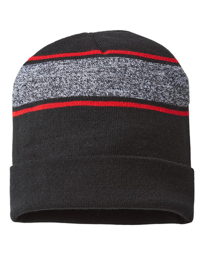 CAP AMERICA USA-Made Variegated Striped Cuffed Beanie RKV12 #color_Black/ True Red