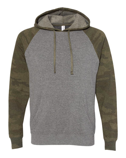 Independent Trading Co. Unisex Special Blend Raglan Hooded Sweatshirt PRM33SBP #color_Nickel Heather/ Forest Camo