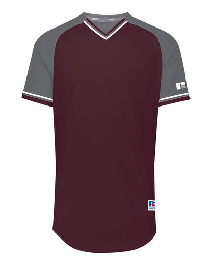 Russell Athletic Unisex Classic V-Neck Jersey R01X3M #color_Maroon/ Steel/ White