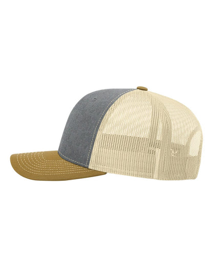 Richardson Snapback Trucker Cap 112 #color_Heather Grey/ Birch/ Amber Gold
