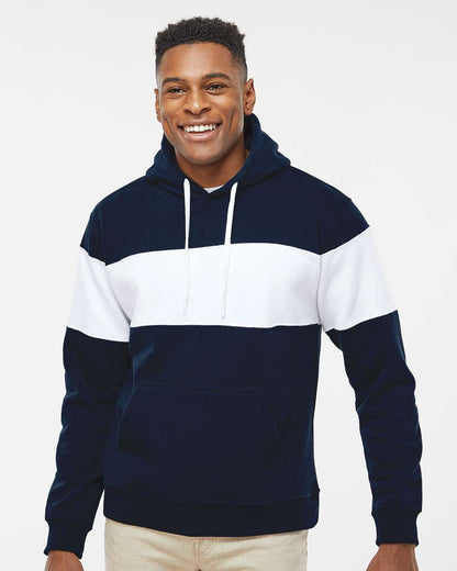 J. America Men's Varsity Fleece Colorblocked Hooded Sweatshirt 8644 #colormdl_Navy