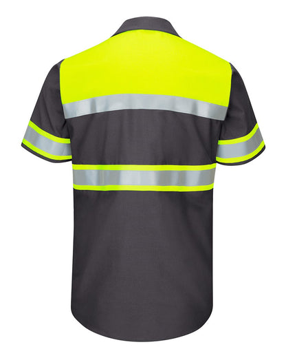 Red Kap Men's Tall Hi-Visibility Colorblock Ripstop Short Sleeve Work Shirt SY80T #color_Fluorescent Yellow/ Charcoal