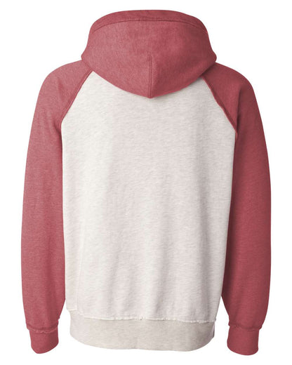 J. America Men's Vintage Heather Hooded Sweatshirt 8885 #color_Oatmeal Heather/ Simply Red Heather