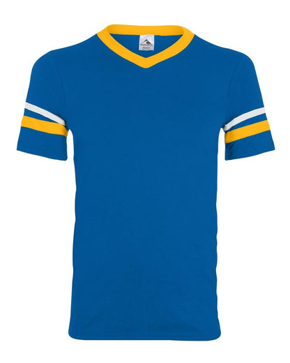 Augusta Sportswear V-Neck Jersey with Striped Sleeves 360 #color_Royal/ Gold/ White