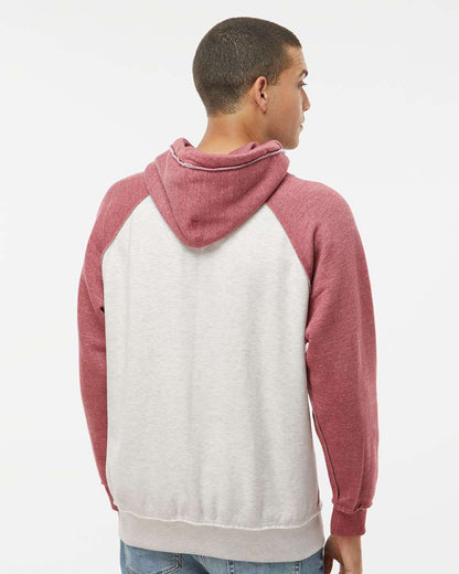 J. America Men's Vintage Heather Hooded Sweatshirt 8885 #colormdl_Oatmeal Heather/ Simply Red Heather