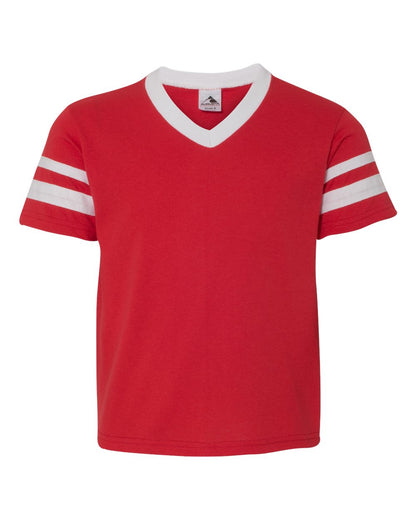 Augusta Sportswear Youth V-Neck Jersey with Striped Sleeves 361 #color_Red/ White