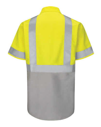 Red Kap Men's Enhanced & Hi-Visibility Work Shirt SY24 #color_Fluorescent Yellow/ Green/ Grey