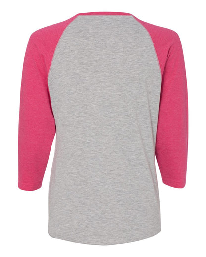 LAT Women's Baseball Fine Jersey Three-Quarter Sleeve Tee 3530 #color_Vintage Heather/ Vintage Hot Pink