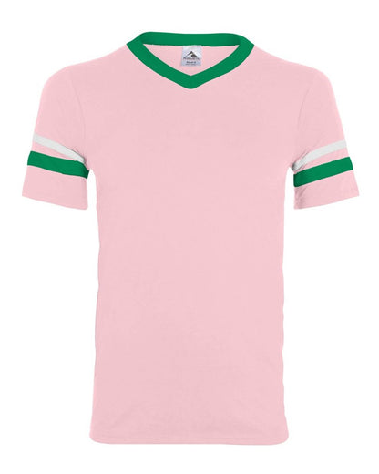 Augusta Sportswear V-Neck Jersey with Striped Sleeves 360 #color_Light Pink/ Kelly/ White