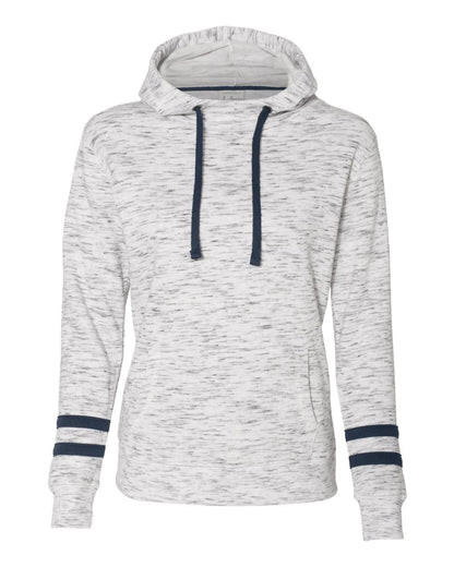 J. America Women’s Mélange Fleece Striped-Sleeve Hooded Sweatshirt 8674 #color_White/ Navy