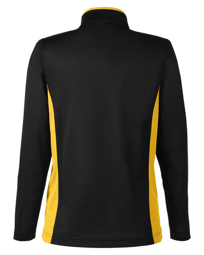 Harriton Women's Flash Snag Protection Plus IL Colorblock Quarter-Zip Pullover M786W #color_Black/ Sunray Yellow