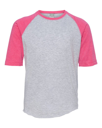 LAT Youth Baseball Fine Jersey Three-Quarter Sleeve Tee 6130 #color_Vintage Heather/ Vintage Hot Pink