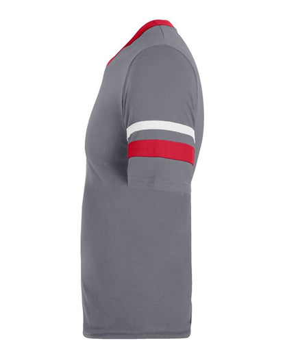 Augusta Sportswear Youth V-Neck Jersey with Striped Sleeves 361 #color_Graphite/ Red/ White