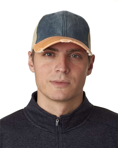 Adams Headwear Ollie Distressed Cap OL102 #colormdl_Navy/ Tangerine/ Tan