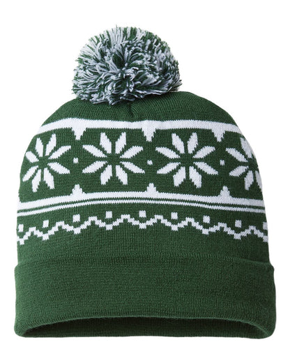 CAP AMERICA USA-Made Snowflake Beanie RKF12 #color_Forest Green/ White