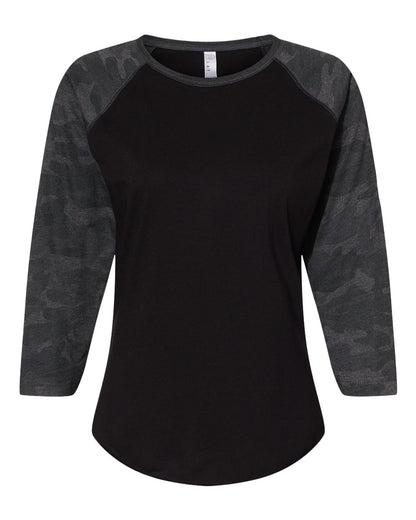LAT Women's Baseball Fine Jersey Three-Quarter Sleeve Tee 3530 #color_Black/ Storm Camo
